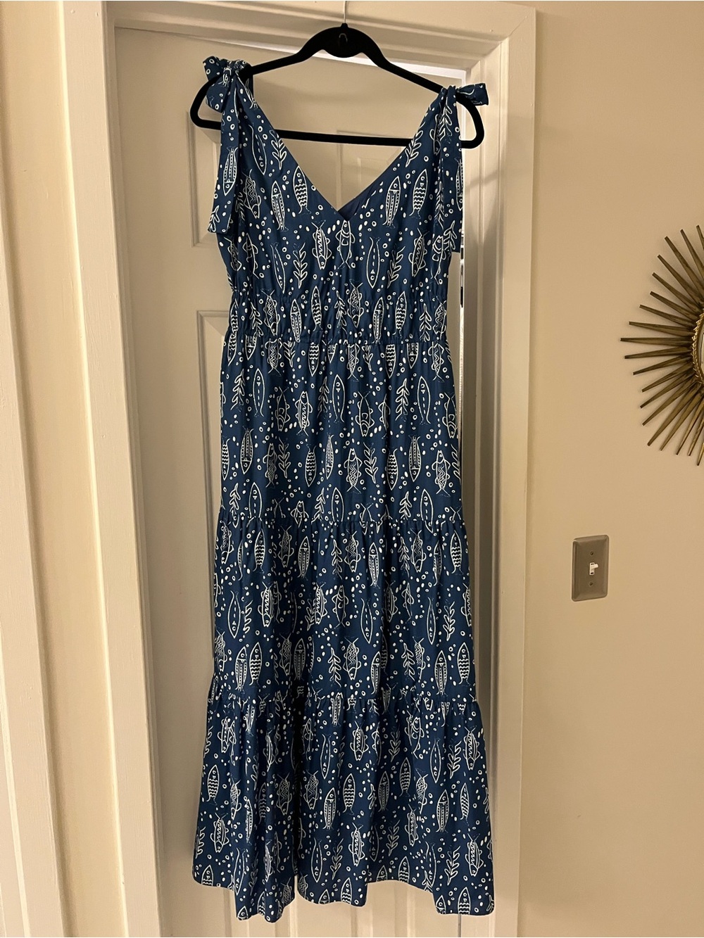 THML Navy Blue Printed Tie-Shoulder Maxi Dress